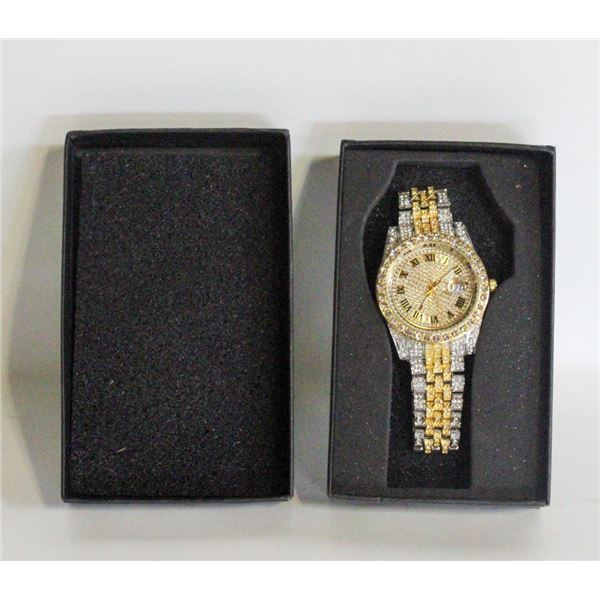 LADIES FASHION WATCH; GOLD & SILVER TONE GEMSTONES
