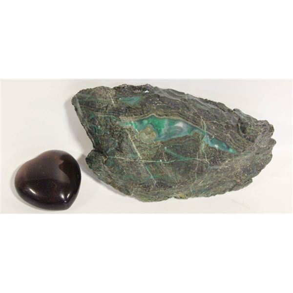 RAW MALACHITE SLAB 3.5IN & SMOKEY QTZ