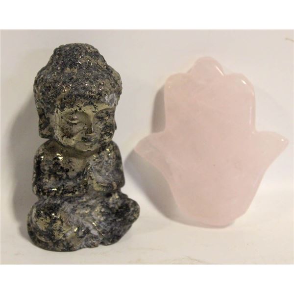 PYRITE BUDDHA 3INCH WITH ROSE QTZ HAMSA