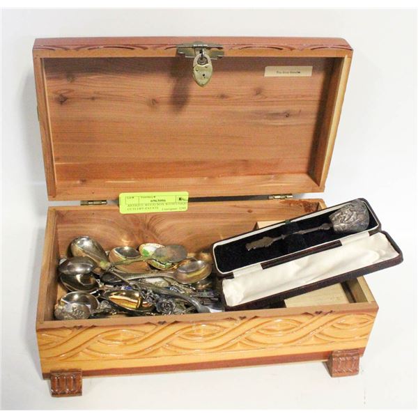 ANTIQUE WOOD BOX WITH COLLECTORS SPOONS