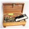 Image 1 : ANTIQUE WOOD BOX WITH COLLECTORS SPOONS