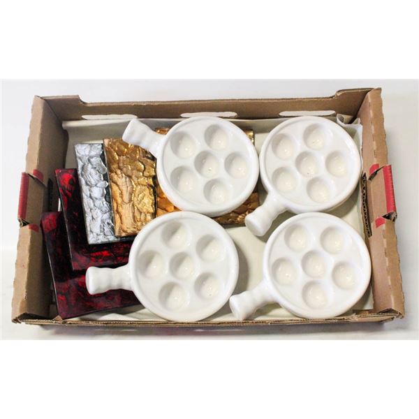 FLAT OF ASSORTED SERVING DISHES; BAKEWARE AND