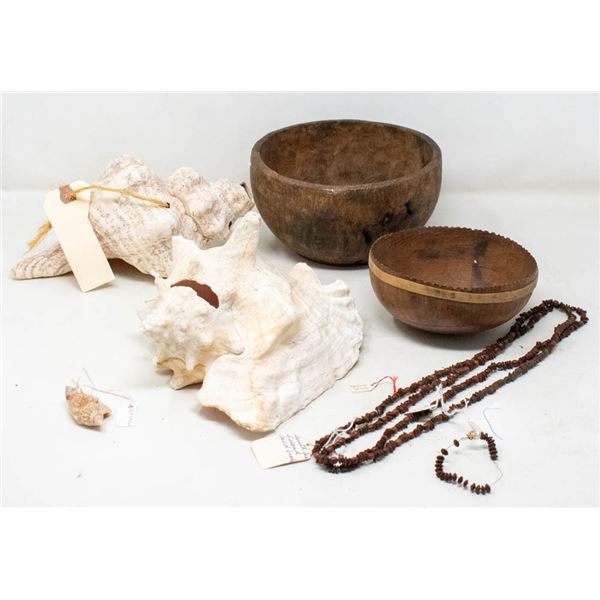 HANDCARVED  WOODEN BOWL+DRINK CUP+2 LG SHELLS