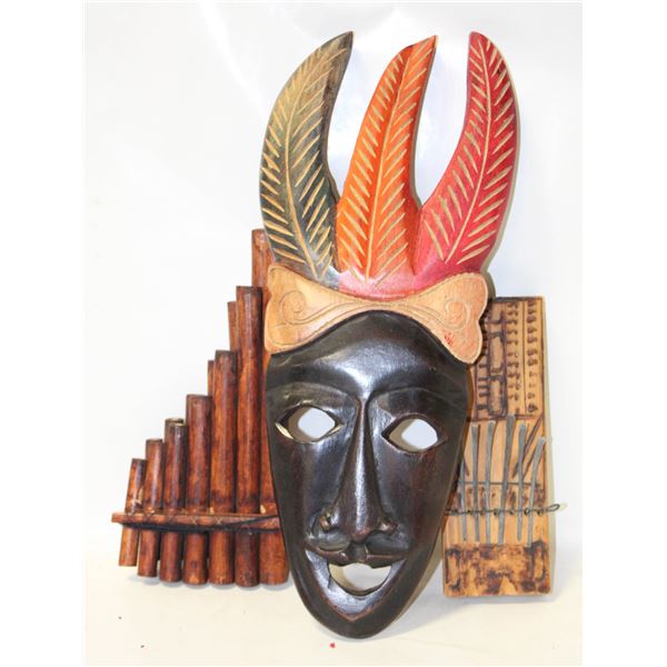 AFRICAN WOOD ARTIFACTS; FINGER PIANO, FLUTE, MASK