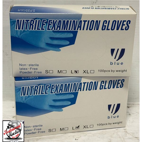 2 BOXES OF 100 LARGE BLUE NITRILE EXAM GLOVES