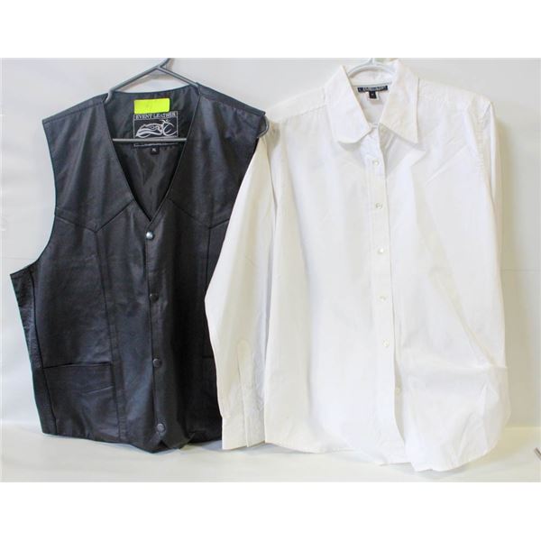 MENS SIZE XL LEATHER VEST + SIZE 8 BUTTON UP
