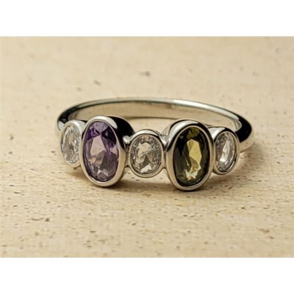 10)  UNIQUE BEZEL SET AMETHYST, PERIDOT AND