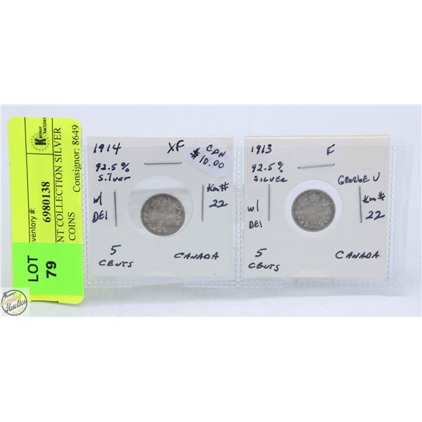 CDN 5 CENT COLLECTION SILVER 1914-1913 COINS
