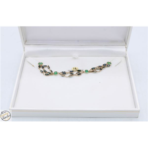 14K NATURAL EMERALD+BLUE SAPPHIRE BRACELET W/COA