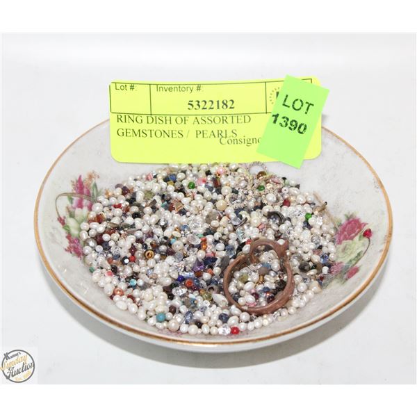 RING DISH OF ASSORTED GEMSTONES/PEARLS