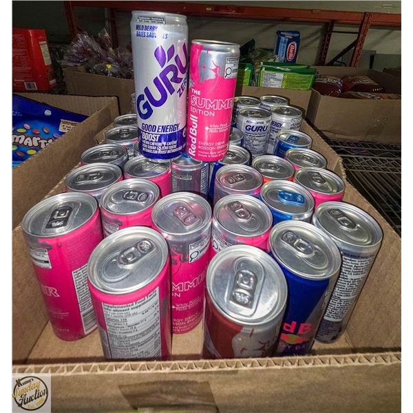 LOT OF ASSORTED REDBULL & GURU ENERGY DRINKS