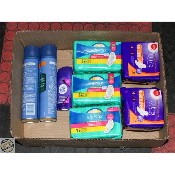 LOT OF FEMININE PRODUCTS, HAIRSPRAY AND DEODERANT