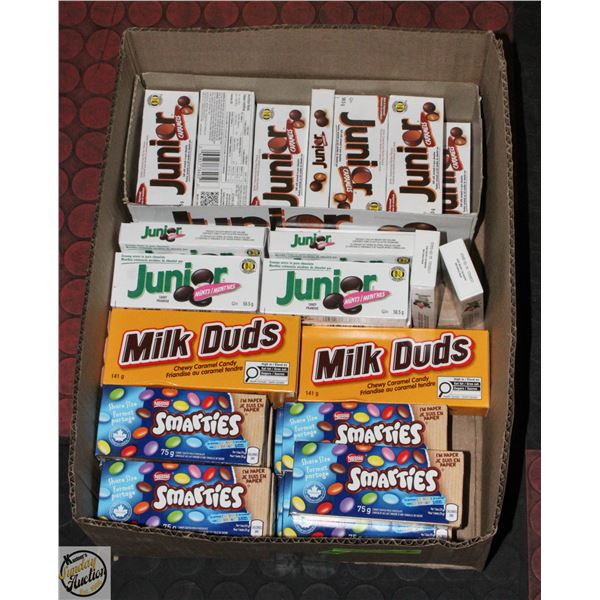 LOT OF JUNIOR CARAMELS/MINTS, MILK DUDS & SMARTIES
