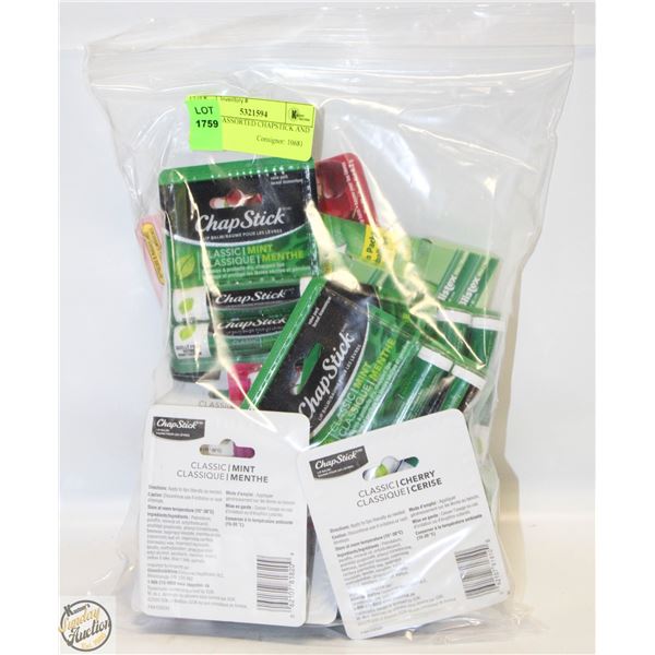 LOT OF ASSORTED CHAPSTICK AND LYPSYL