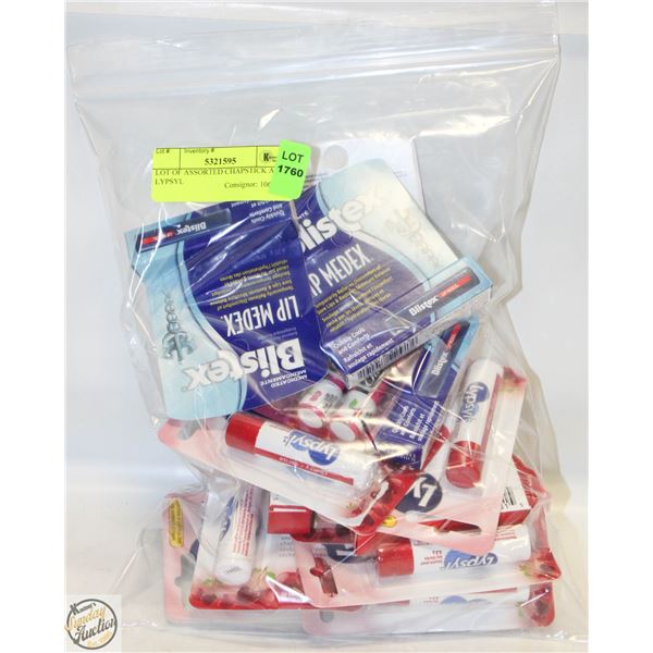 LOT OF ASSORTED CHAPSTICK AND LYPSYL