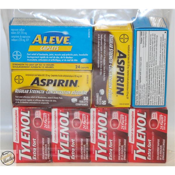 LOT OF ALEVE, ASPIRIN AND EXTRA STRENGTH TYLENOL