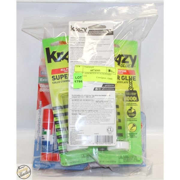 BAG OF ASSORTED STATIONARY AND GLUE