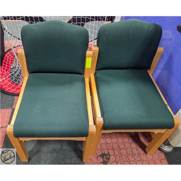 PAIR OF WOODEN FRAMED GREEN CUSHIONED KIDS CHAIRS