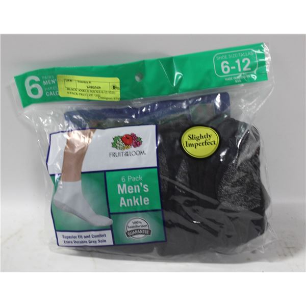 BLACK ANKLE SOCKS 6-12 SIZE 6-PACK FRUIT OF THE