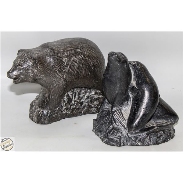 PAIR OF WOLF ORGINAL INUIT SOAPSTONE CARVINGS