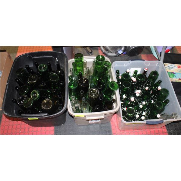 3 TOTES OF BEER BOTTLES - SOME WITH CAPS - ESTATE