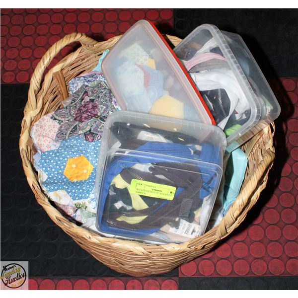 WICKER BASKET OF ASSORTED FABRICS,