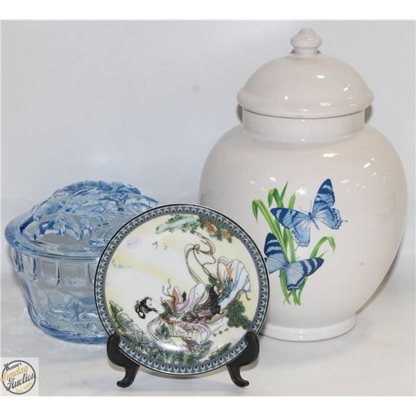 THAILAND LIDDED URN STYLE JAR+BLUE ART GLASS