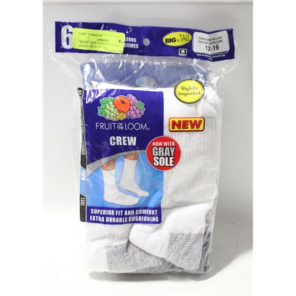 WHITE CREW SOCKS 12-16 SIZE 6-PACK FRUIT OF THE