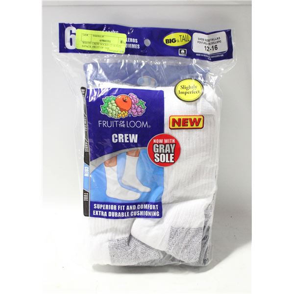 WHITE CREW SOCKS 12-16 SIZE 6-PACK FRUIT OF THE