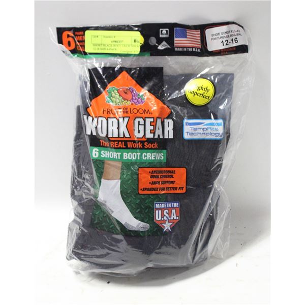 SHORT BLACK BOOT CREW SOCKS 12-16 SIZE 6-PACK