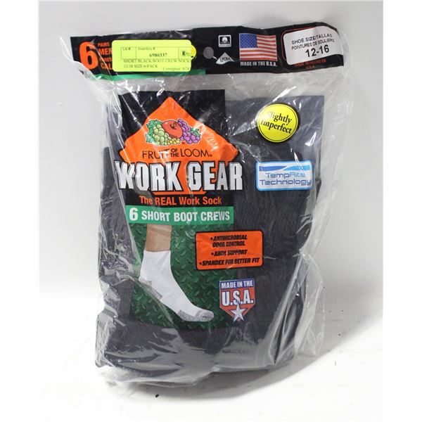 SHORT BLACK BOOT CREW SOCKS 12-16 SIZE 6-PACK