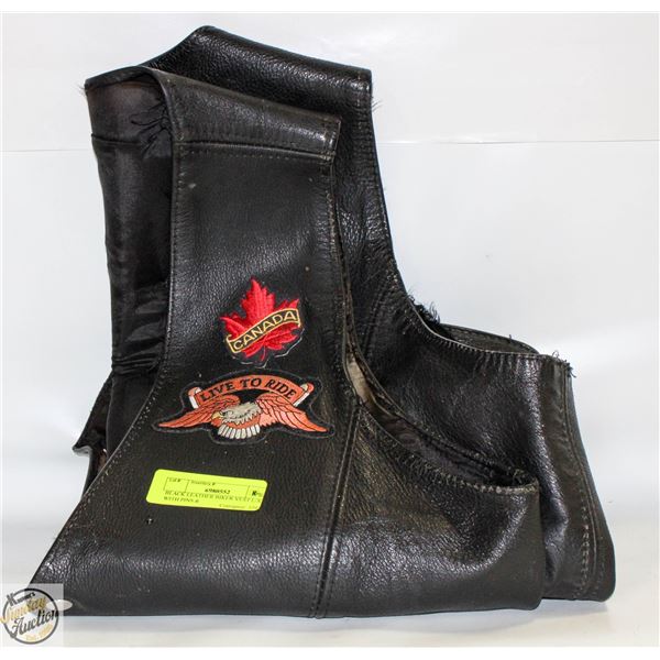 BLACK LEATHER BIKER VEST L/XL WITH PINS &
