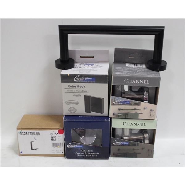 FLAT OF ASSORTED ROBE HOOKS & TOWEL BAR