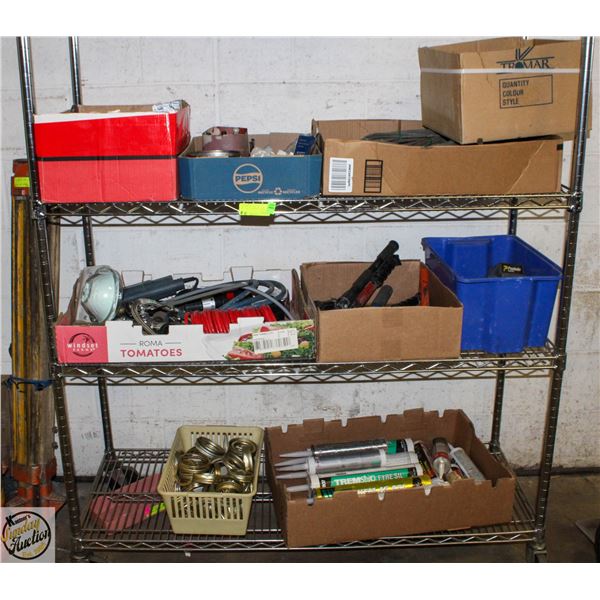 ASSORTED LOT HARDWARE, CAULKING, LIGHT + MORE