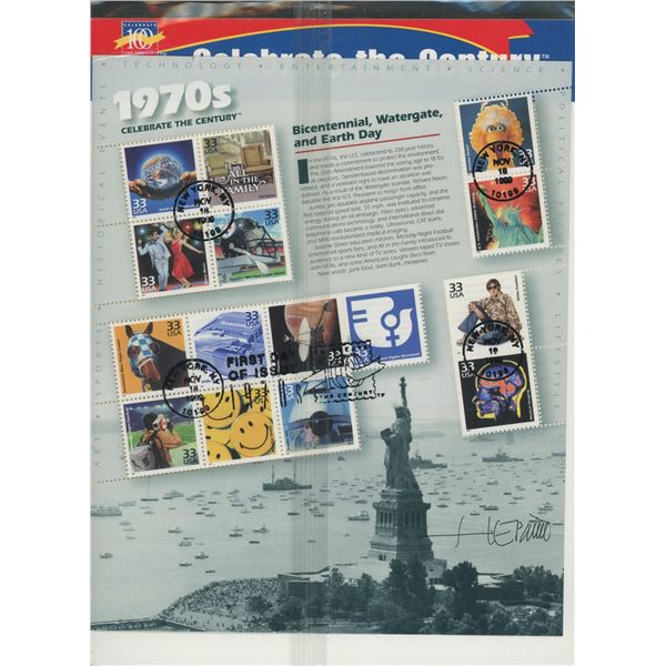 USPS Celebrate The Century 1970s Sheet of Fifteen 33 Cent Stamps. First Day of Issue Cover