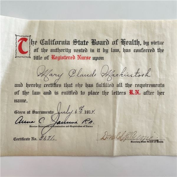 1914 California Board of Health Signed Registered Nurse Certificate