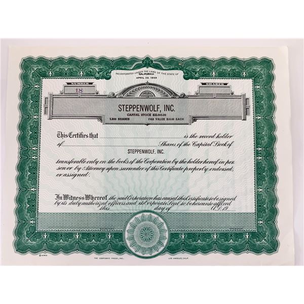 Steppenwolf, Inc. Capital Stock Certificate