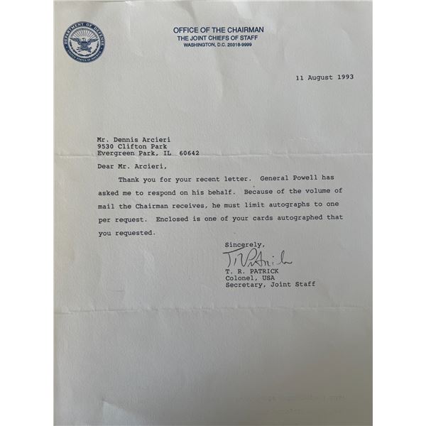 Colonel T.R Patrick signed typed letter