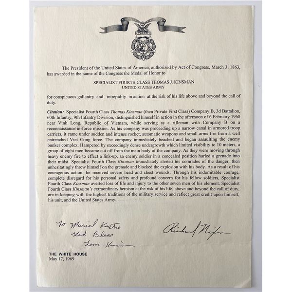 Medal of Honor Recipient Thomas James Kinsman and Richard Nixon signed letter