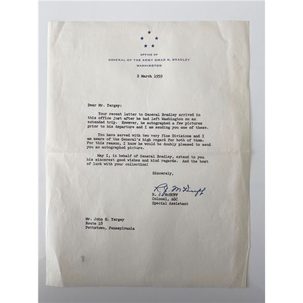 Colonel, AGC Special Assistant R.J. McDuff signed letter