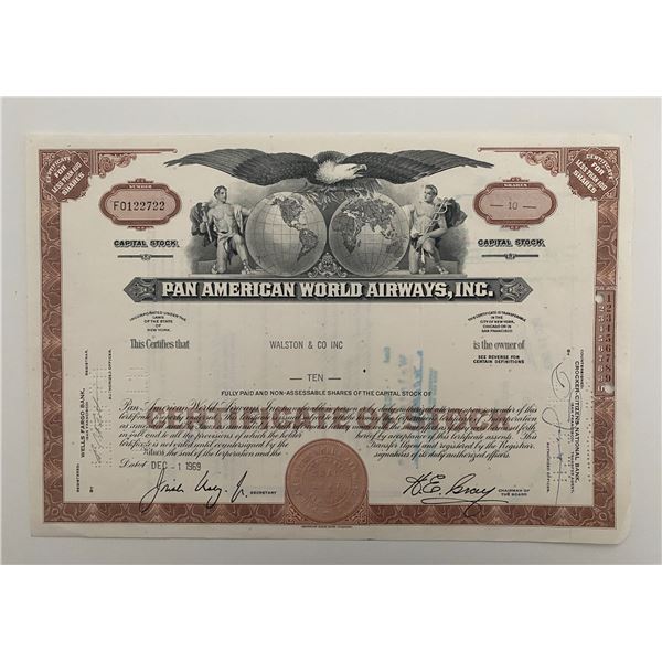 Pan American World Airways, INC Ten Shares Certificate of Stock