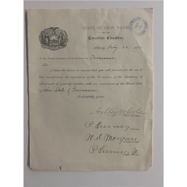 NY State Executive Chamber 1895 signed Letter to Tennessee Governor