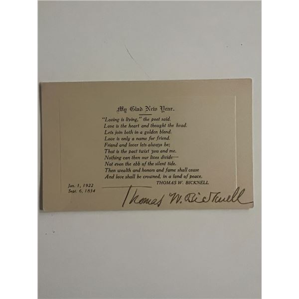 American Historian Thomas W. Bicknell signed poem