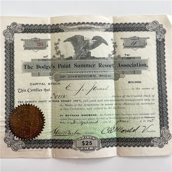 1895 Dodge's Point Summer Resort Association Signed Capital Stock Certificate