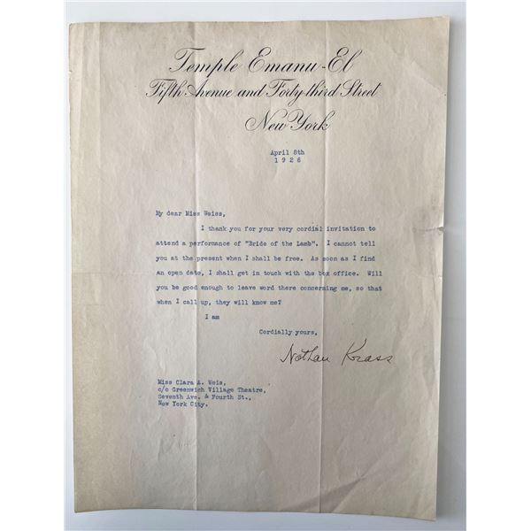 1926 Temple Emanu-El Rabbi Nathan Krass signed letter
