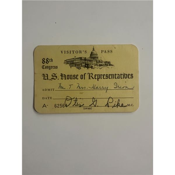 U.S. House of Representatives Otis G. Pike signed Visitor's Pass