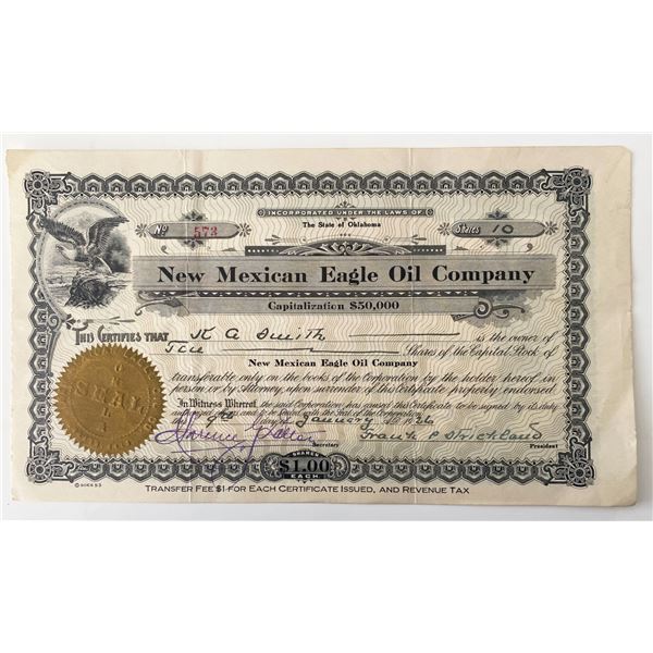 1926 New Mexican Eagle Oil Company Signed Stock Share Certificate