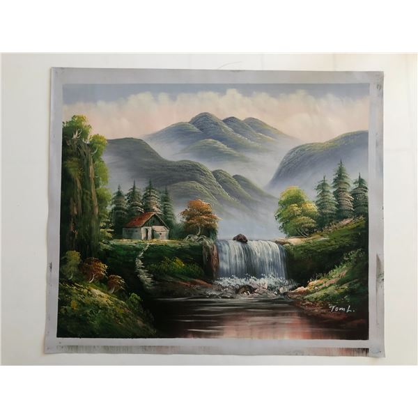Mountain Cabin - Waterfall - Landscape Art