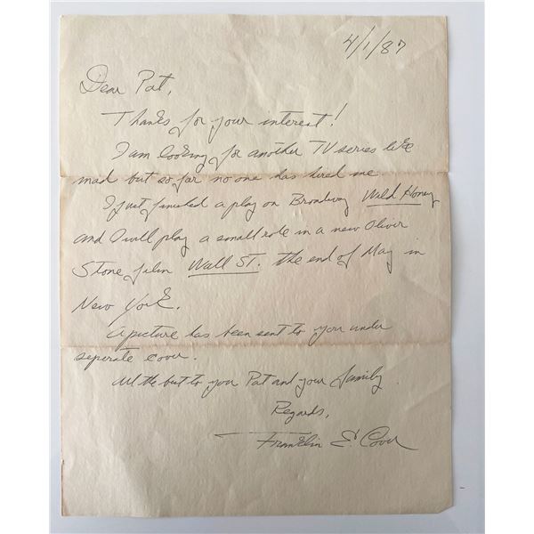 Actor Franklin Cover signed letter