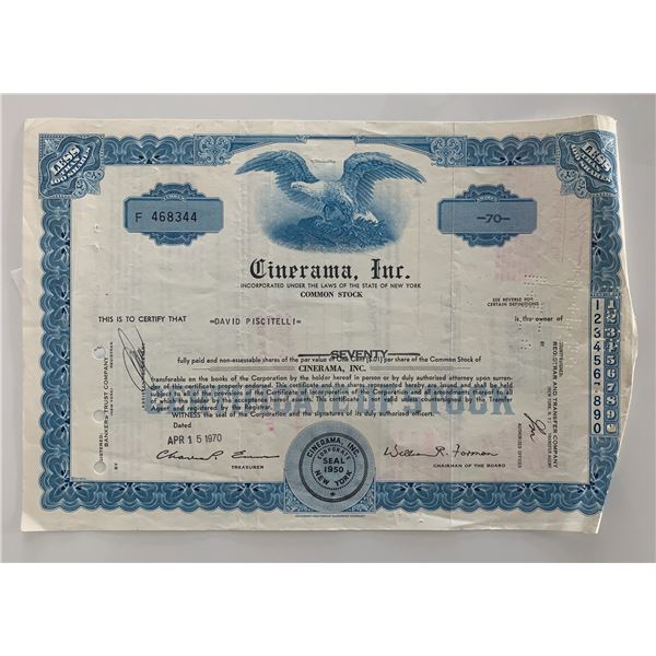 Cinerama Inc unsigned stock certificate